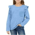 thumbnail image 2 of WQNVRNR Girls Ruffle Cotton T Shirts- Fashion Casual Long Sleeve Cute Kids Tops Light Blue Size 12, 2 of 6