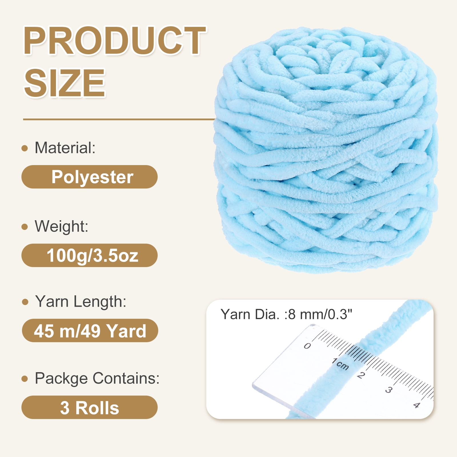 Uxcell 3 Pcs Blanket Yarn, 49 Yards Fluffy Velvet Plush Bulky Thick Chenille Chunky Yarn for Soft Velvet Blanket Shawl Scarf Crochet Hand Knitted Crafts, Light Blue