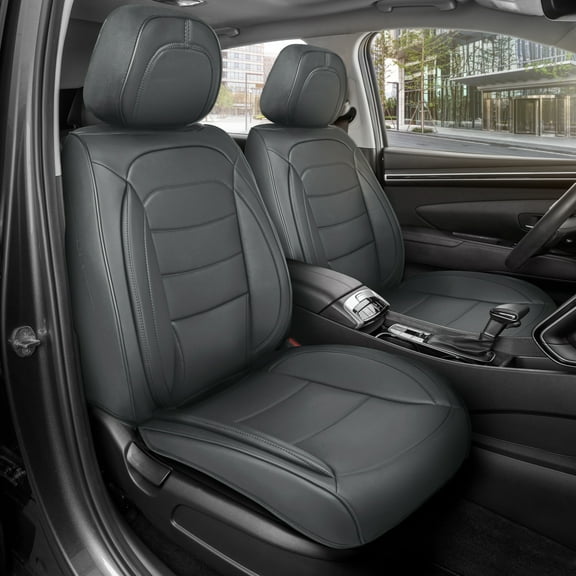 MotorBox Elite Edition Faux Leather Seat Covers for Cars, Trucks, & SUV - 2 Charcoal Car Seat Covers for Front Seats - Universal Fit Car Accessories Automotive Interior Protector for Most Vehicles