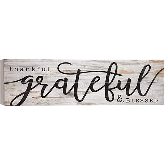 Thankful Grateful Blessed White Wash 24 x 7 Inch Solid Pine Wood Boxed Pallet Wall Plaque Sign
