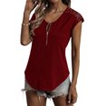 thumbnail image 3 of VISgogo, camiseta informal de manga corta para mujer, camisetas ajustadas de cuello redondo con cremallera y costuras de encaje de Color sólido a la moda VISgogo  moda, 3 of 5