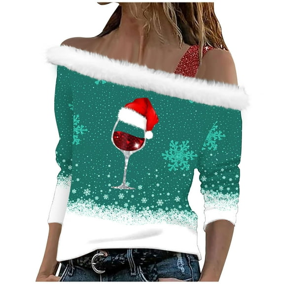 BVOFAR Christmas Shirts for Women Off the Shoulder Ugly Sweatshirts Trendy Faux Fur Trim Pullover Cute Graphic Long Sleeve Holiday Tops Xmas Vacation Shirt