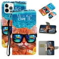 thumbnail image 1 of SaniMore for iPhone 14 Pro Max 6.7" 2022 Wallet Case, Color Painting Pattern with Kickstand Card Slots Detachable Wrist Strap Grils Women PU Leather Case Magnetic Clasp, Glass Cat, 1 of 8