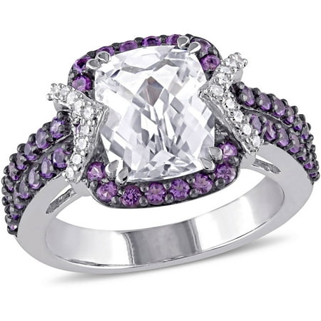 Tangelo 5-1/4 Carat T.G.W. Created White Sapphire and Amethyst with 1/10 T.W. Diamond Sterling Silver Halo Cocktail Ring