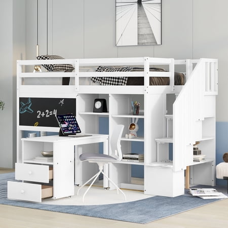 CoSoTower Twin Size Loft Bed with Pullable Desk and Storage Shelves, Staircase and Blackboard, White