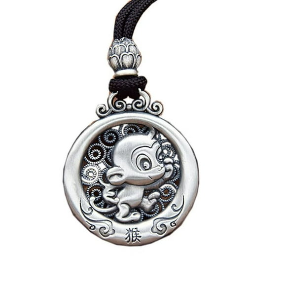 PAMTIER Men's Stainless Steel Vintage Chinese Zodiac Signet Round Pendant Necklace with Chain Monkey
