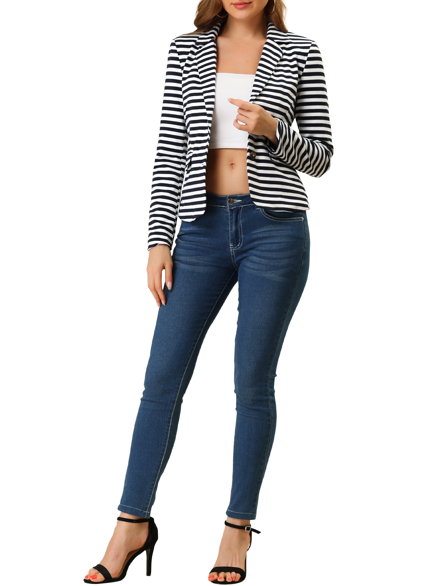 DARING DIVA Women's Striped Notched Lapel Button Closure Blazer L White Navy