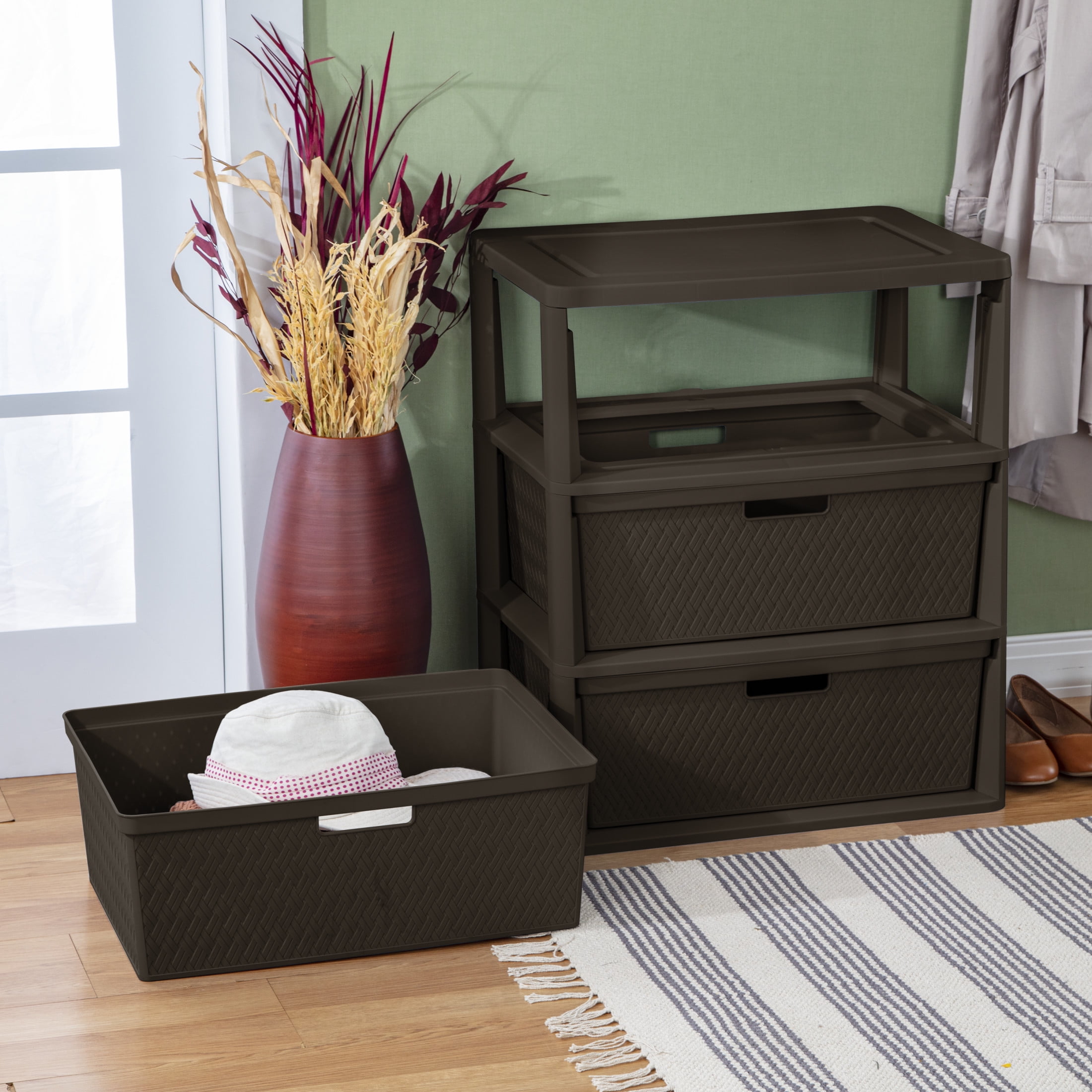 (2 pack) Sterilite Wide 3 Drawer Tower, Plastic Storage Organizer with Removable Decorative Bins, Easy to Assemble - No Tools Needed, Brown
