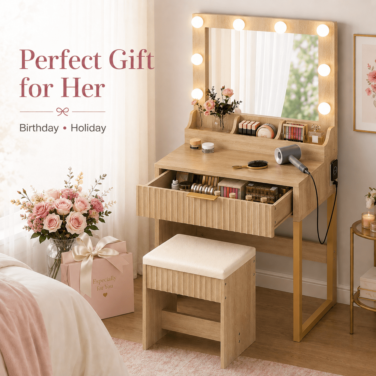 Ktaxon Flutted Makeup Vanity Table w/Stool, Dressing Desk with Charging Station, For Femal Gift, Wood Color