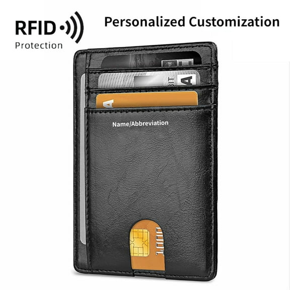 Personalized Customization Engraving Slim Minimalist Front Pocket RFID Blocking 100% Leather Wallets for Men and Women, Black