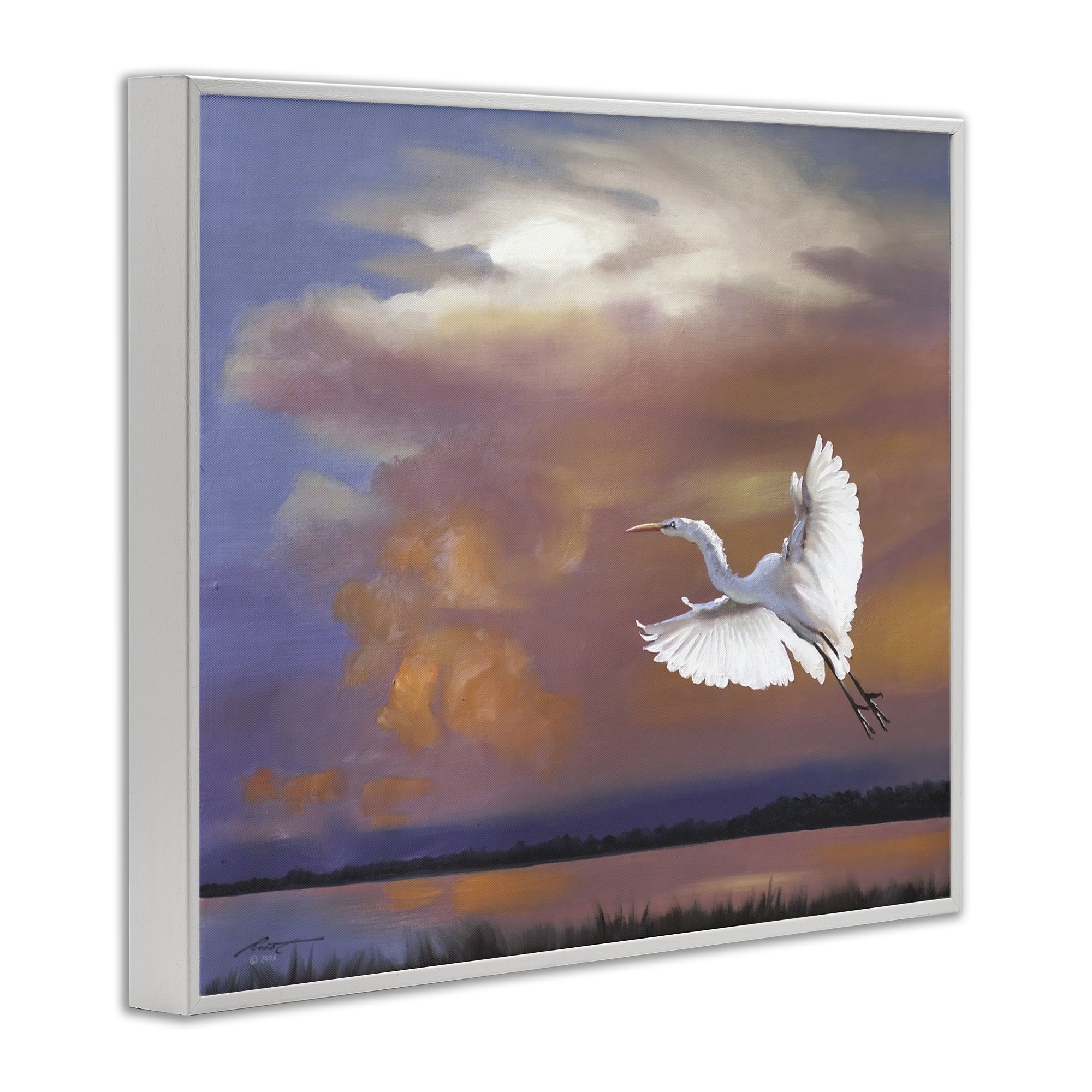 Stupell Industries Heron Flying with Sunset Landscape Painting White Framed Art Print Wall Art, 30 x 24
