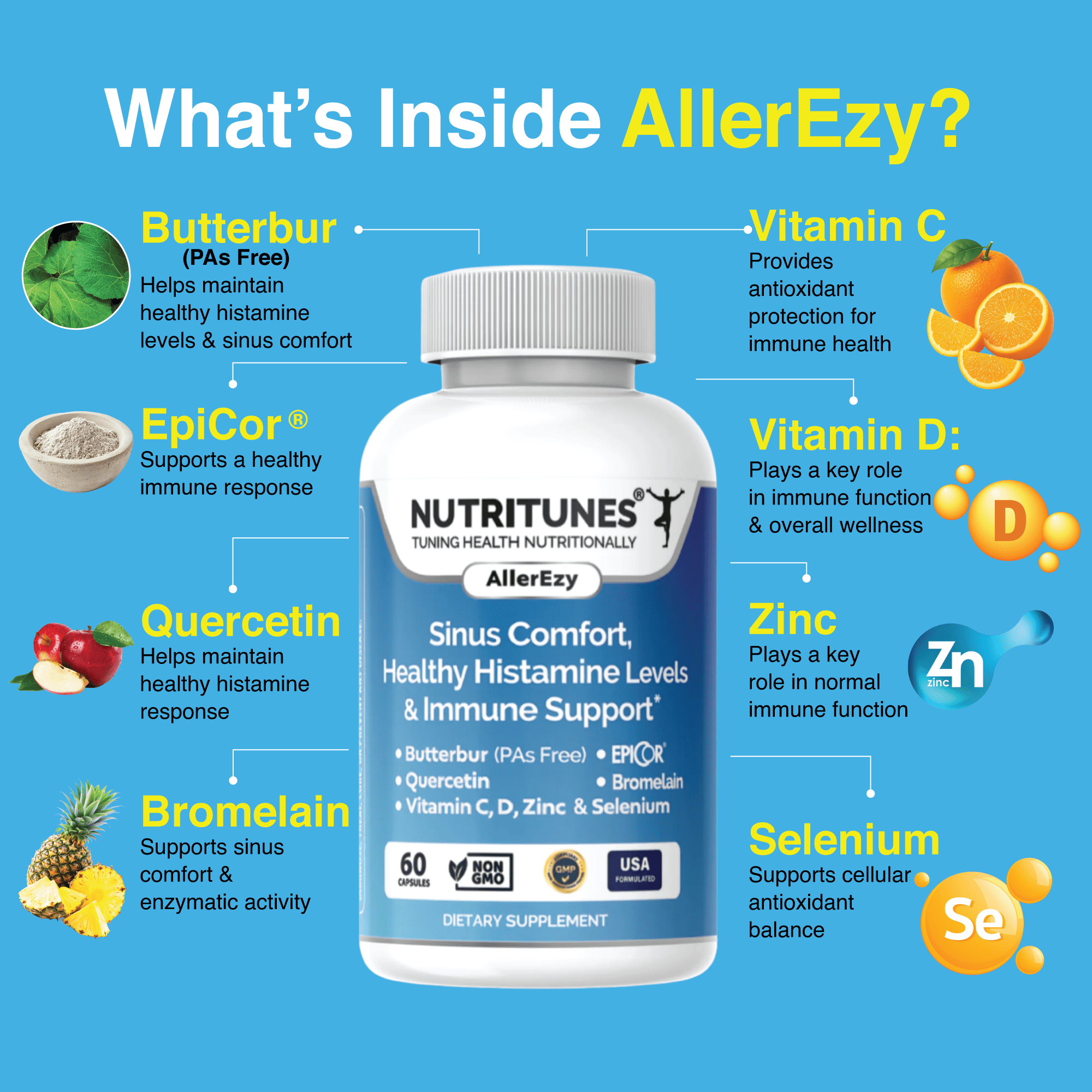 Sinus, Histamine & Immune Support – Butterbur, EpiCor, Quercetin with Bromelain – Allergy Support Supplement – 60 AllerEzy Capsules by Nutritunes