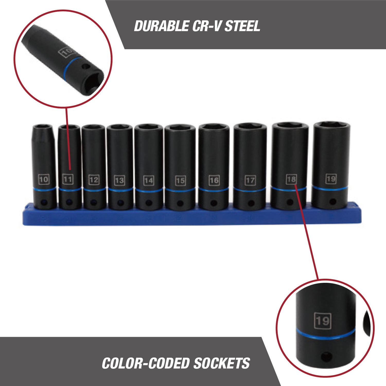 Juego de 11 piezas de dados de impacto métricos de 3/8 pulgada Hyper Tough (mm) 6