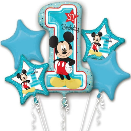 Smiley Face Foil Balloon - Mickey Mouse First Birthday Authentic Licensed Theme Foil Balloon Bouquet