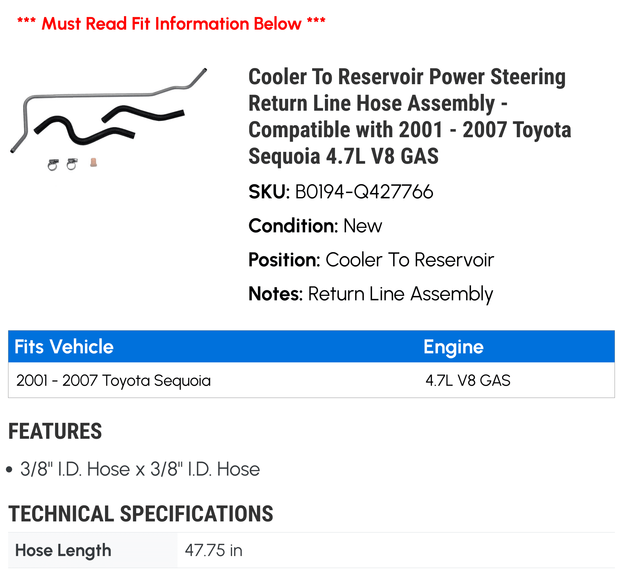 Cooler To Reservoir Power Steering Return Line Hose Assembly - Compatible with 2001 - 2007 Toyota Sequoia 4.7L V8 GAS 2002 2003 2004 2005 2006