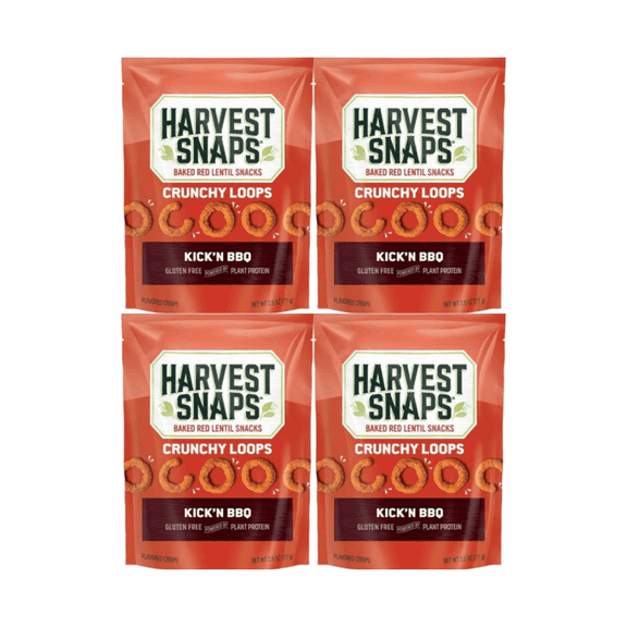 Harvest Snaps Baked Red Lentil Snacks Kick’n BBQ Flavor – 4 Count, 2.5 oz Each – Plant-Based Gluten-Free Crunchy Snack, High Protein, Low Sodium, Non-GMO, Perfect for Lunches, Office, Gifting