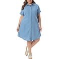 thumbnail image 5 of Agnes Orinda Women's Plus Size Jean Denim Dress Lapel Short Sleeve Button Down Curved Hem Casual A Line Midi Dresses with Pockets 1X Sky Blue, 5 of 8