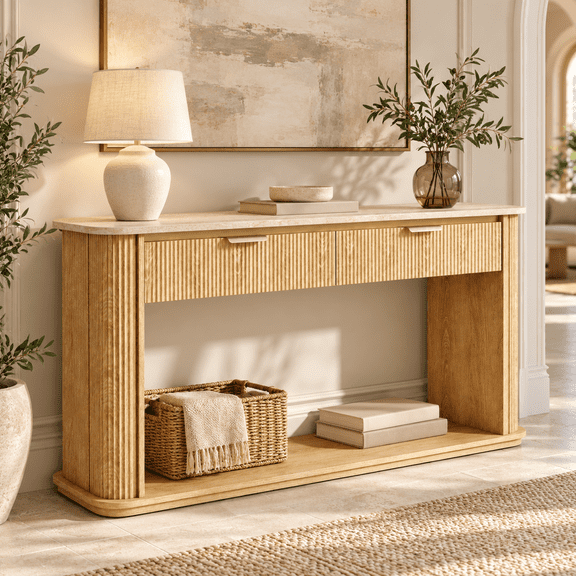 PORKISS 63" Fluted Console Table with 2 Drawers, Modern Entryway Table with Faux Travertine Top, Reinforced Steel Support & Open Storage Shelf, Long Sofa Table for Home, Natural