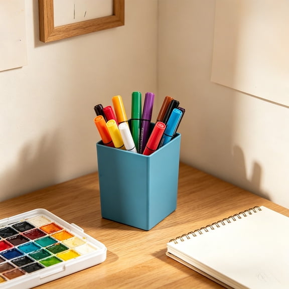 sruoe Pencil Holder, Solid Square Plastic Pen Holder, Minimalist Cube Desktop Pen Cup, Multifunctional Desk Organizer for Office Supplies & Vanity Makeup Brush Storage
