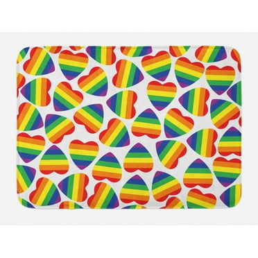Pride Bath Mat, Cute Heart Shapes in LGBT Colors Striped Design with Homosexuality Liberation Theme, Non-Slip Plush Mat Bathroom Kitchen Laundry Room Decor, 29.5 X 17.5 Inches, Multicolor, Ambesonne