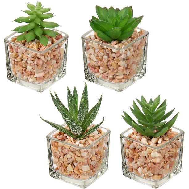 4 piezas de suculentas falsas para la decoración de la bandeja escalonada de la casa de campo Plantas artificiales más pequeñas en maceta Plantas de imitación Decoración de estantería de interior