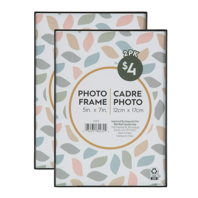 Slimline black tabletop picture frame set, two 5x7 inch frames with colorful leaf patterned inserts and price label.