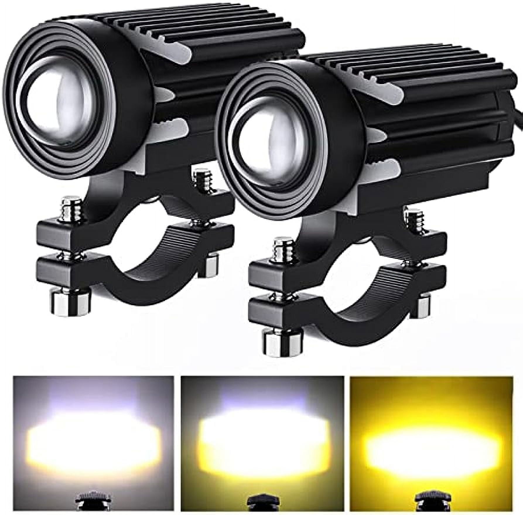 Motorcycle Driving Lights 12000LM Tri-Color Mini Led Headlights Fog Lights 12W 6000K Super Bright Amber White Aux Spotlight for Motorcycle Truck ATV SUV Car Yacht, 2 Pack