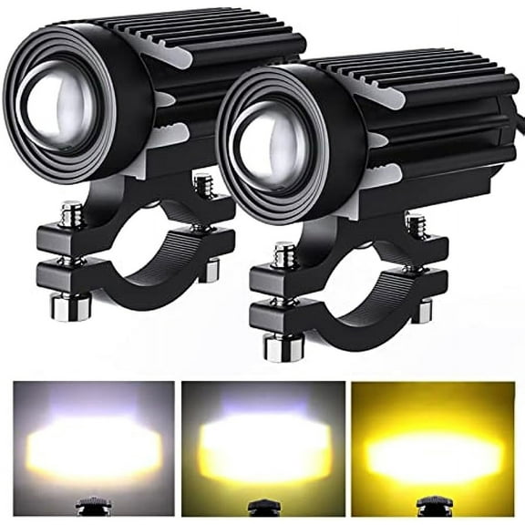 Motorcycle Driving Lights 12000LM Tri-Color Mini Led Headlights Fog Lights 12W 6000K Super Bright Amber White Aux Spotlight for Motorcycle Truck ATV SUV Car Yacht, 2 Pack
