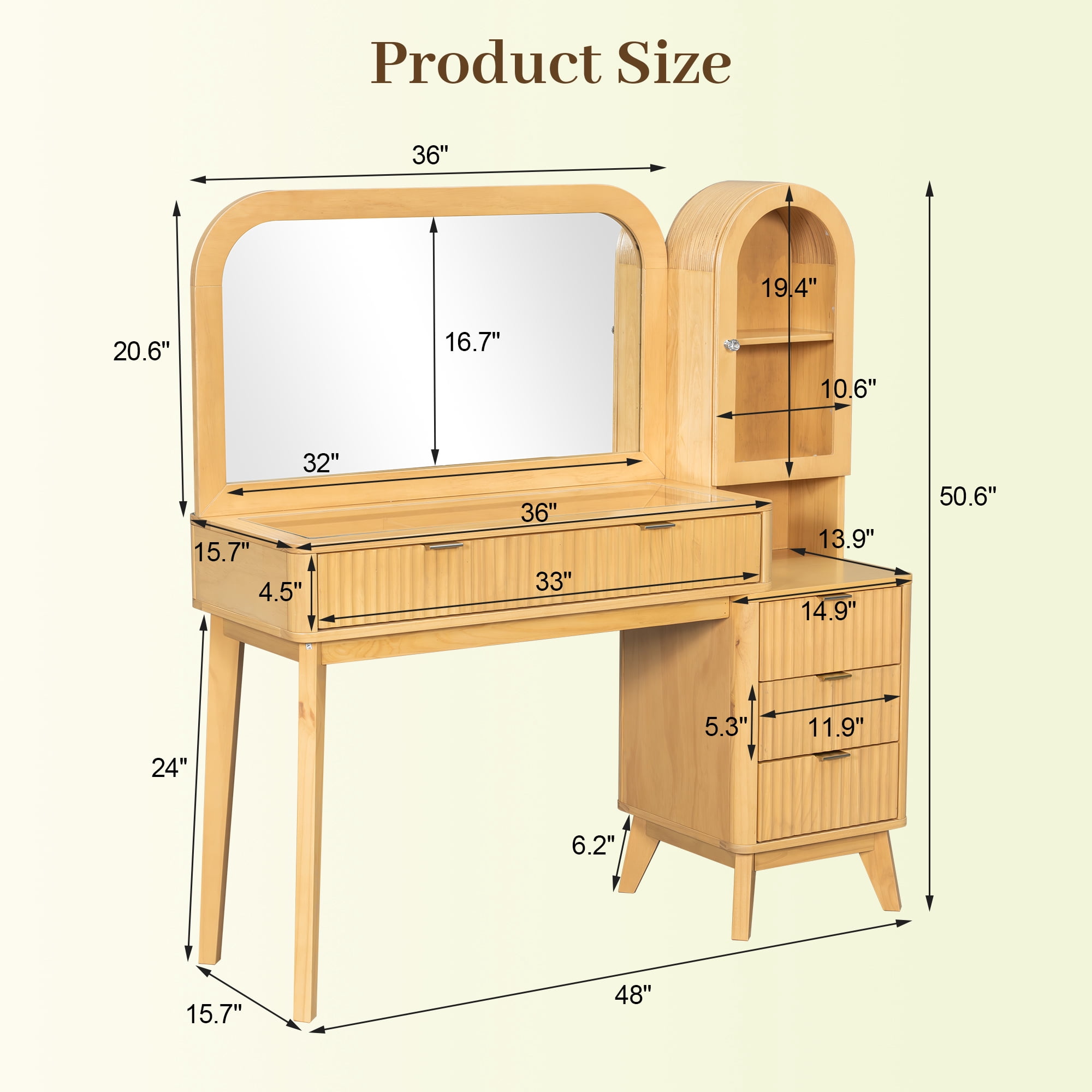 Large 48-Inch Fluted Makeup Vanity Desk with 32-Inch Mirror, Glass Top Table with 4 Drawers and Storage Cabinet, Charging Station for Bedroom, Natural