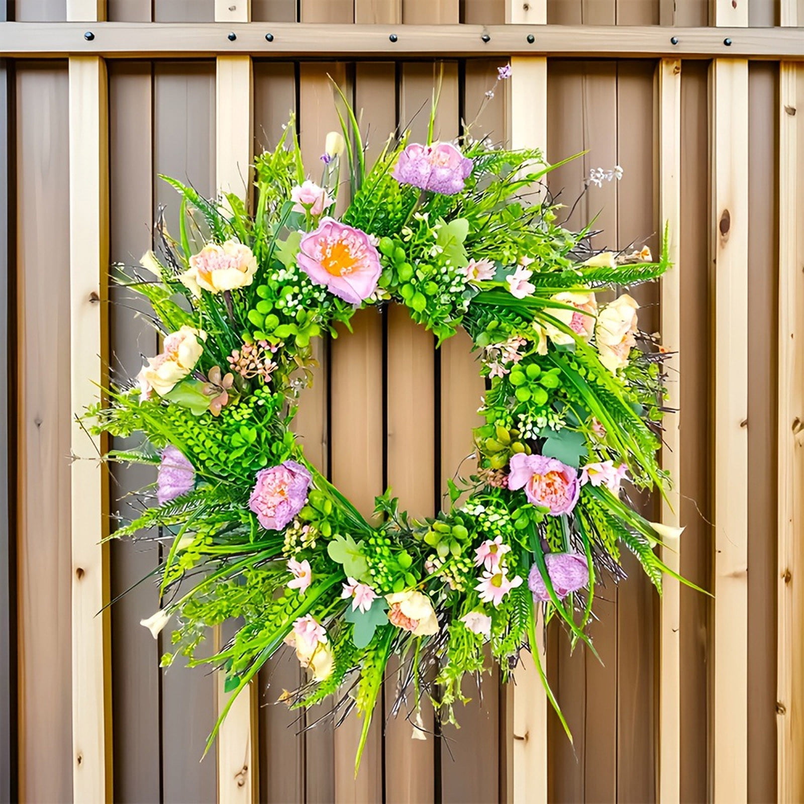 Spring Wreaths for Front Door 18 Inch - Outdoor Spring Summer Wreath with Wildflower and Green Leaves,Front Door Wreath for Farmhouse Home Porch Wall Decor