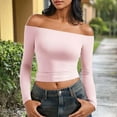 thumbnail image 2 of Sexlip Women Off Shoulder Double Lined Long Sleeve Shirts Basic Going Out Tops Pink S, 2 of 6
