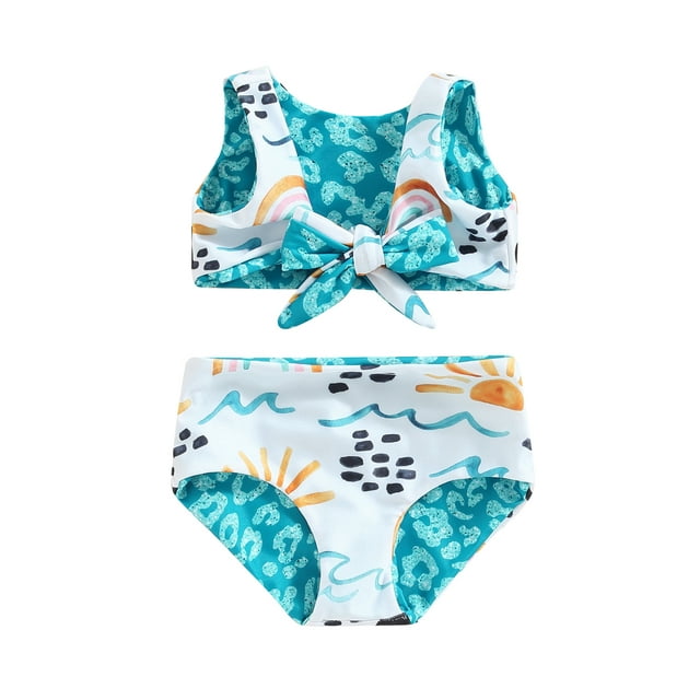 ZAXARRA Toddler Girl Two Piece Swimsuits, Sleeveless Cartoon Print Knot Back Tops + Bikini Bottom Set