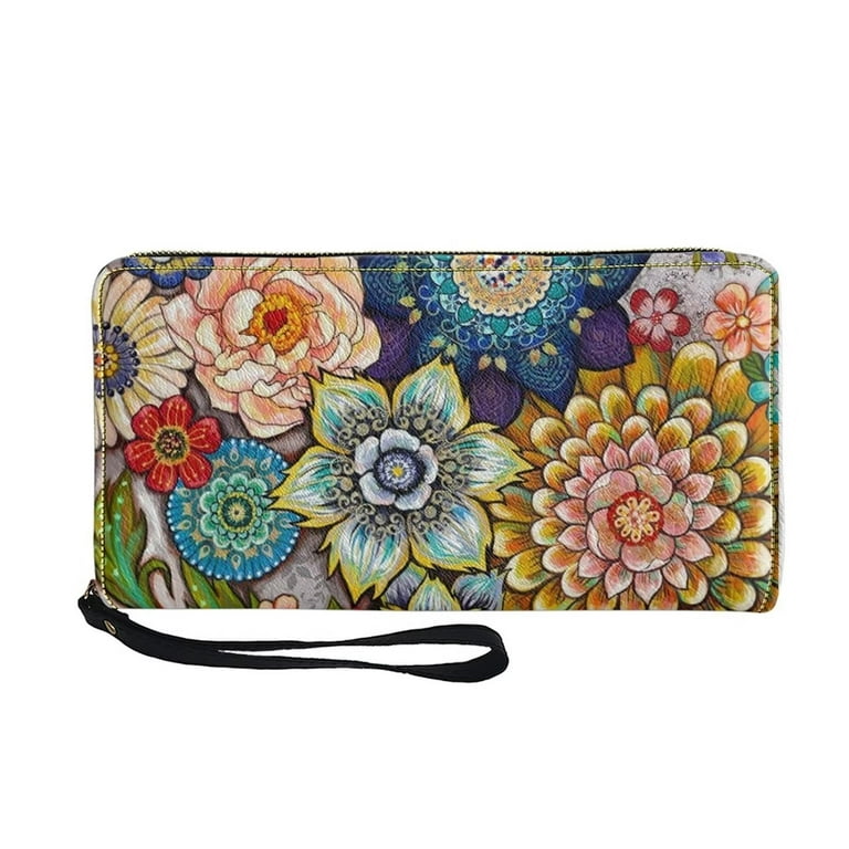 Pzuqiu Boho Wallets for Women Hippie Mandala Flower Ladies Long Purse Keychain PU Leather Large Capacity Wristlet Clutch Wallet Minimalist