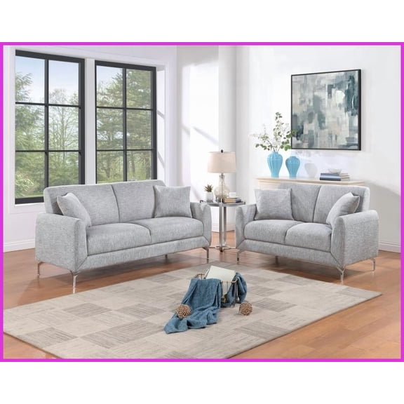 Modern Light Gray 2pc Sofa Loveseat Set – Burlap-Like Fabric with Pillows for Living Room, 75” Sofa & 56” Loveseat