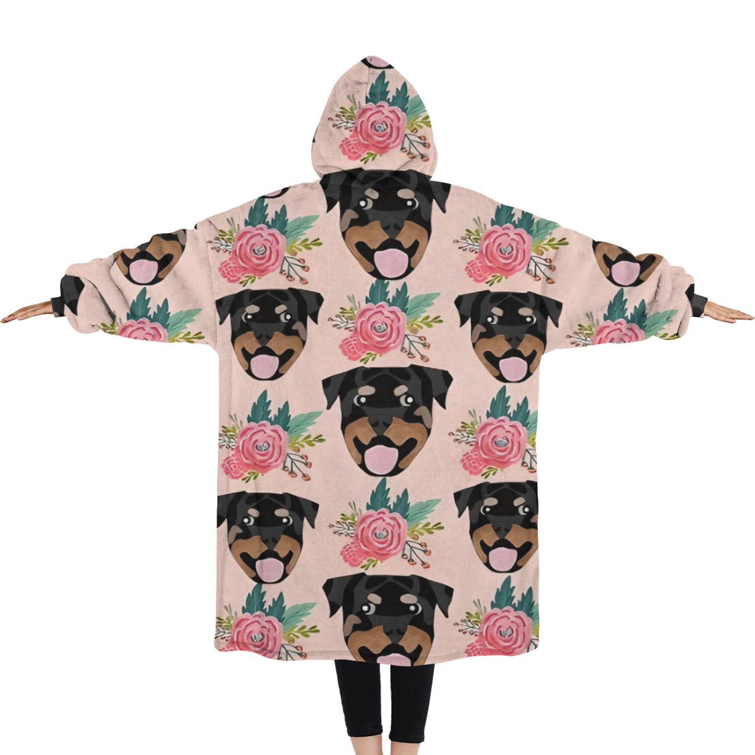 Oversized Wearable Blanket Hoodie,Rottweiler and Pioneer Flower Sherpa Blanket Hoodie with Super Pockets,Super Warm Fuzzy Pullover for Women & Men