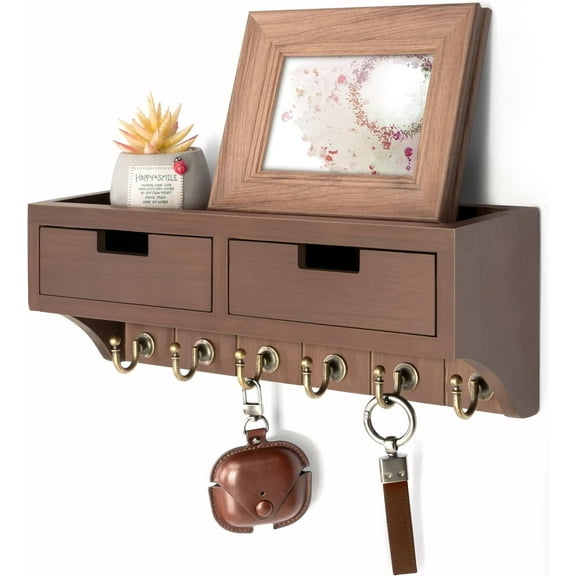 Rebee Vision Key Holder Wall Mount with 2 Drawer Organizer - Decorative Mail Organizer with 6 Key Hooks & Shelf (Brown, 14inch)