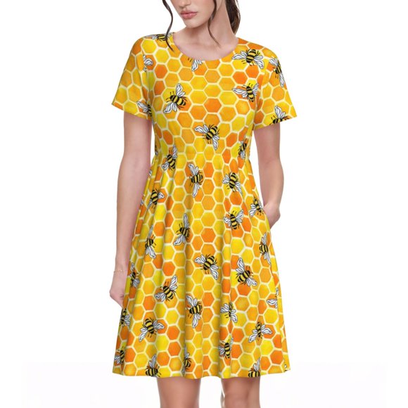Kdxio Honeycombs Print Women's Casual T Shirt Dress Summer Short Sleeve Swing Dresses with Pockets