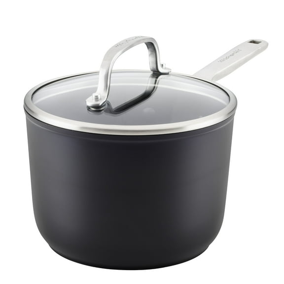 KitchenAid Hard-Anodized 2 Quart Induction Nonstick Sauce Pan with Lid, Dishwasher Safe and Oven Safe to 500°F, Matte Black