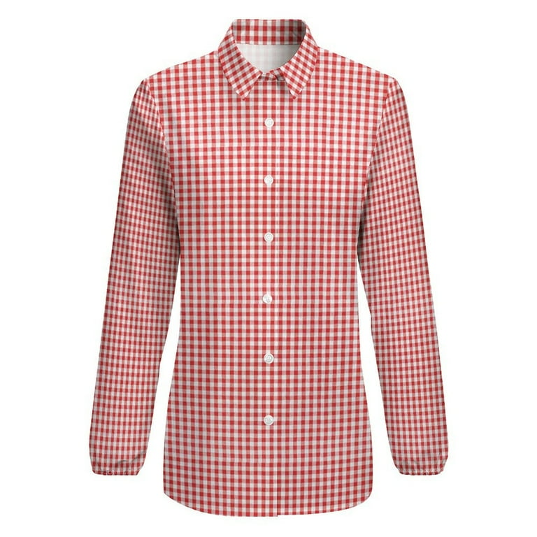 Red Gingham Check Long Sleeve Blouse Woman Streetwear Casual