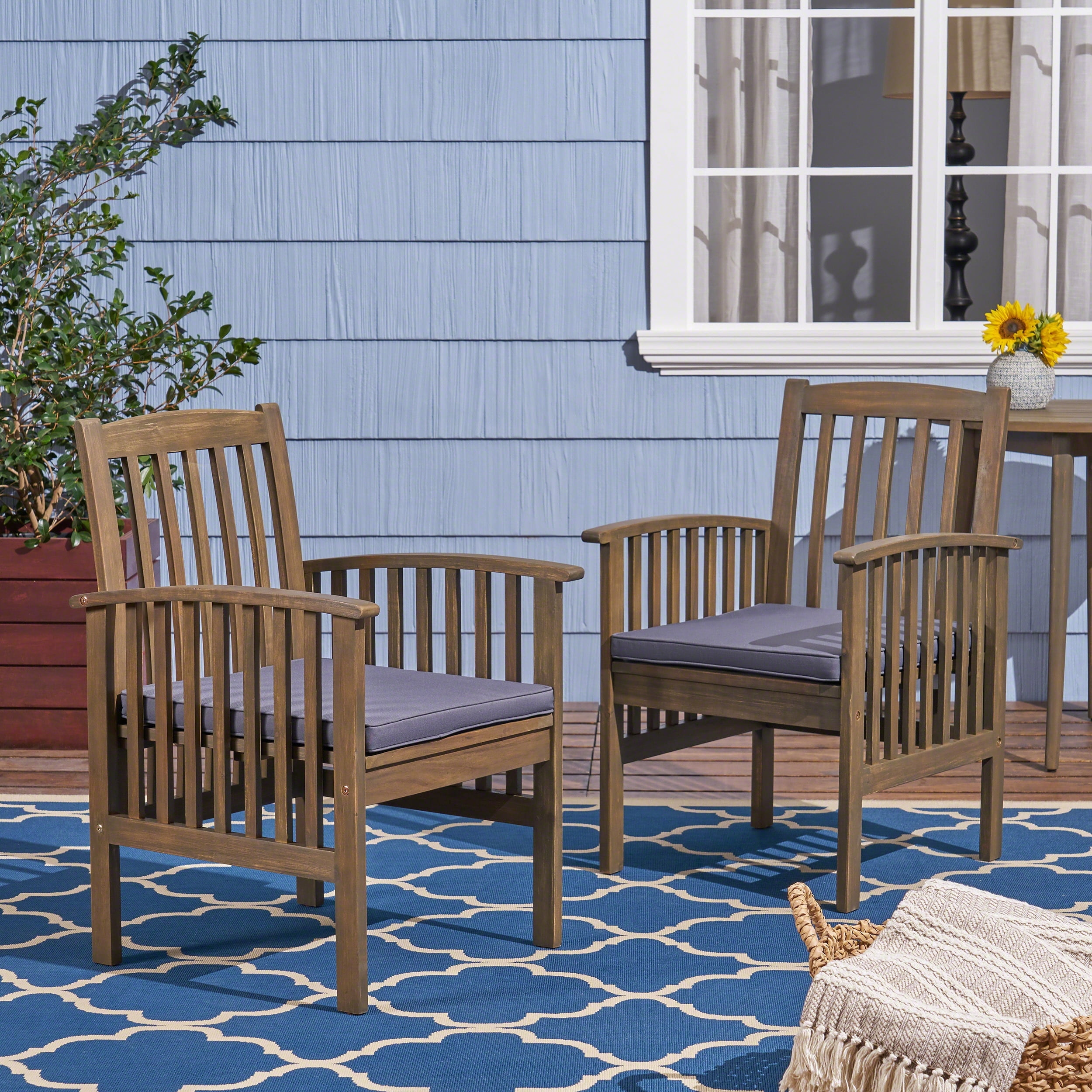 Outdoor Dining Chairs Set of 2 – Solid Acacia Wood Frame with Water-Resistant Cushions, Patio Armchairs for Backyard, Garden or Deck