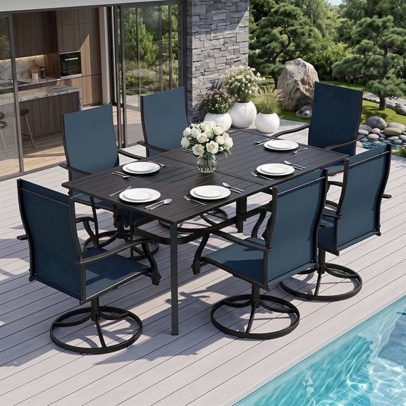 LOGYAT 7-Piece Backyard Dining Set, 6 Slim Breathable Textilene Swivel Rocking Chairs, Rectangular Black Metal 6-Person Table with Umbrella Hole, Anti-Rust Patio Furniture for Deck, Lawn, Porch