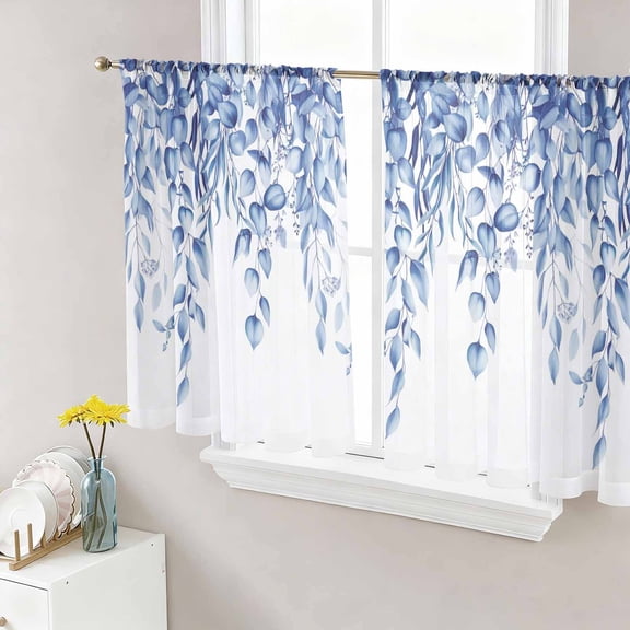 Sheer Curtains 45 Inch Length 2 Panels Set for Kitchen, Eucalyptus Leaves Semi Sheer Curtains for Windows, Navy Blue Summer Botanical Weeping Voile Window Treatments Rod Pocket Curtain