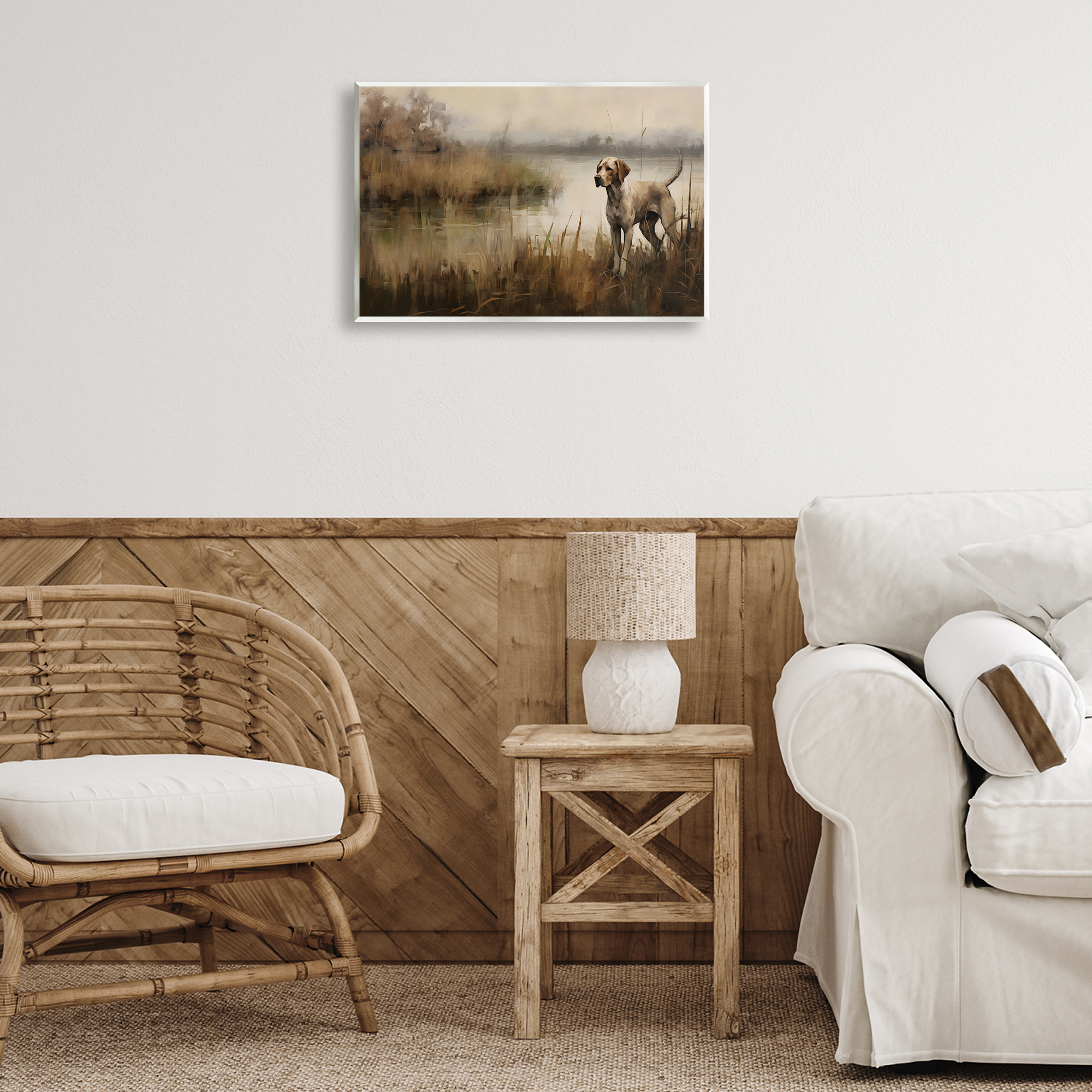 Stupell Industries Hunting Dog in Nature Landscape Painting Unframed Art Print Wall Art, 19 x 13