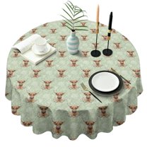 Green Highland Cow Flower Pattern Round Tablecloth 60"x60",Wrinkle Wipeable Table Cloth for Kitchen Dining Room Picnic Patio Party