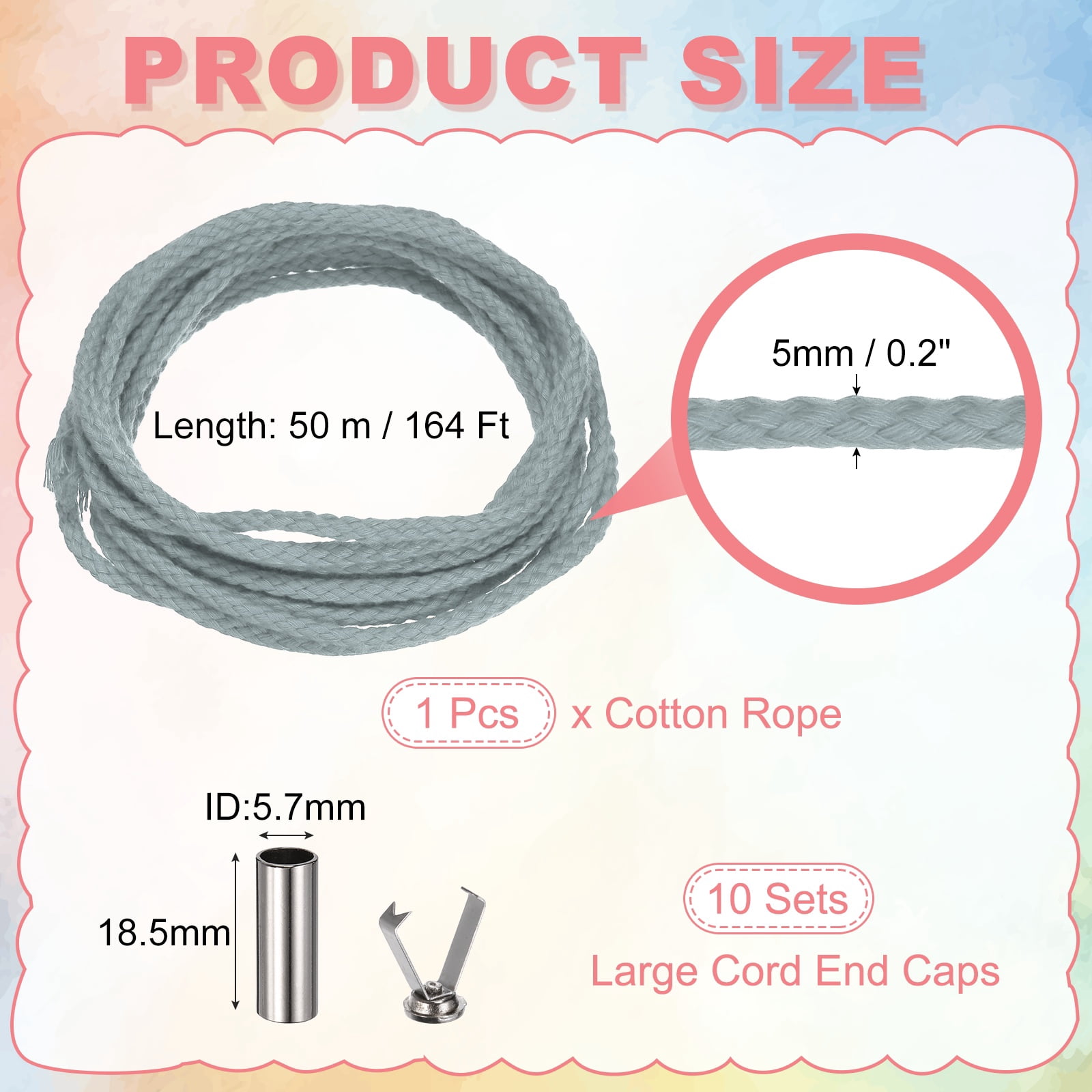 Braided Macrame Cord, 3/16" x 164ft 8 Strand Cotton Rope Braided String with Cord End Caps for Drawstring, Plant Hanger Wall Hanging, Dream Catcher Crafts, Blue Gray