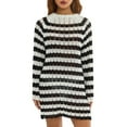 thumbnail image 1 of KOMOO Women Crochet Knit Mini Dress Striped Long Sleeve Hollow Knitted Short Dress Casual Loose Dress, 1 of 9