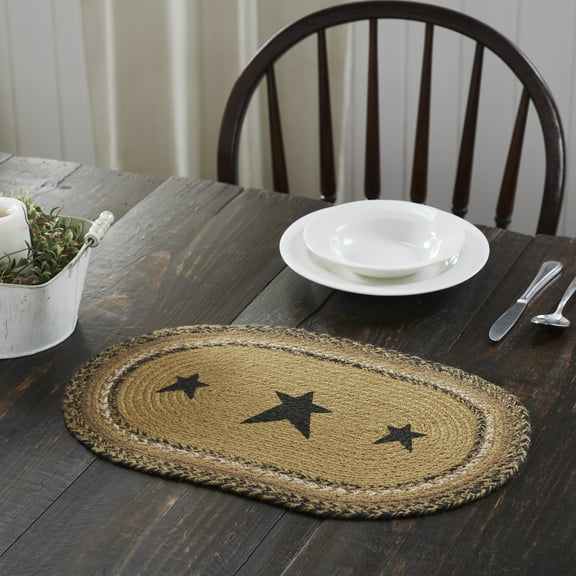 VHC Brands Kettle Grove, Dining Table Placemat, Braided Jute, Stars, Oval, Tan & Black, 10x18