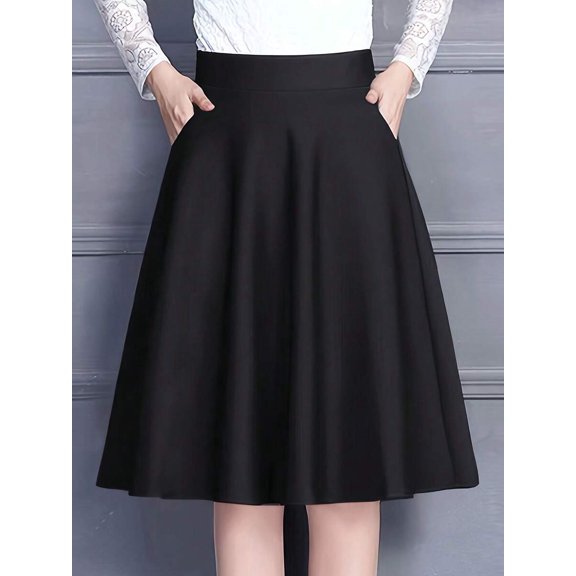 Women Black Solid High Waist A-Line Skirt With Minimalist Silhouette, Casual Flared Skirt With Nice Drape, Daily Wear Bottoms For Commuting And Casual Outdoor Activities In Spring Season