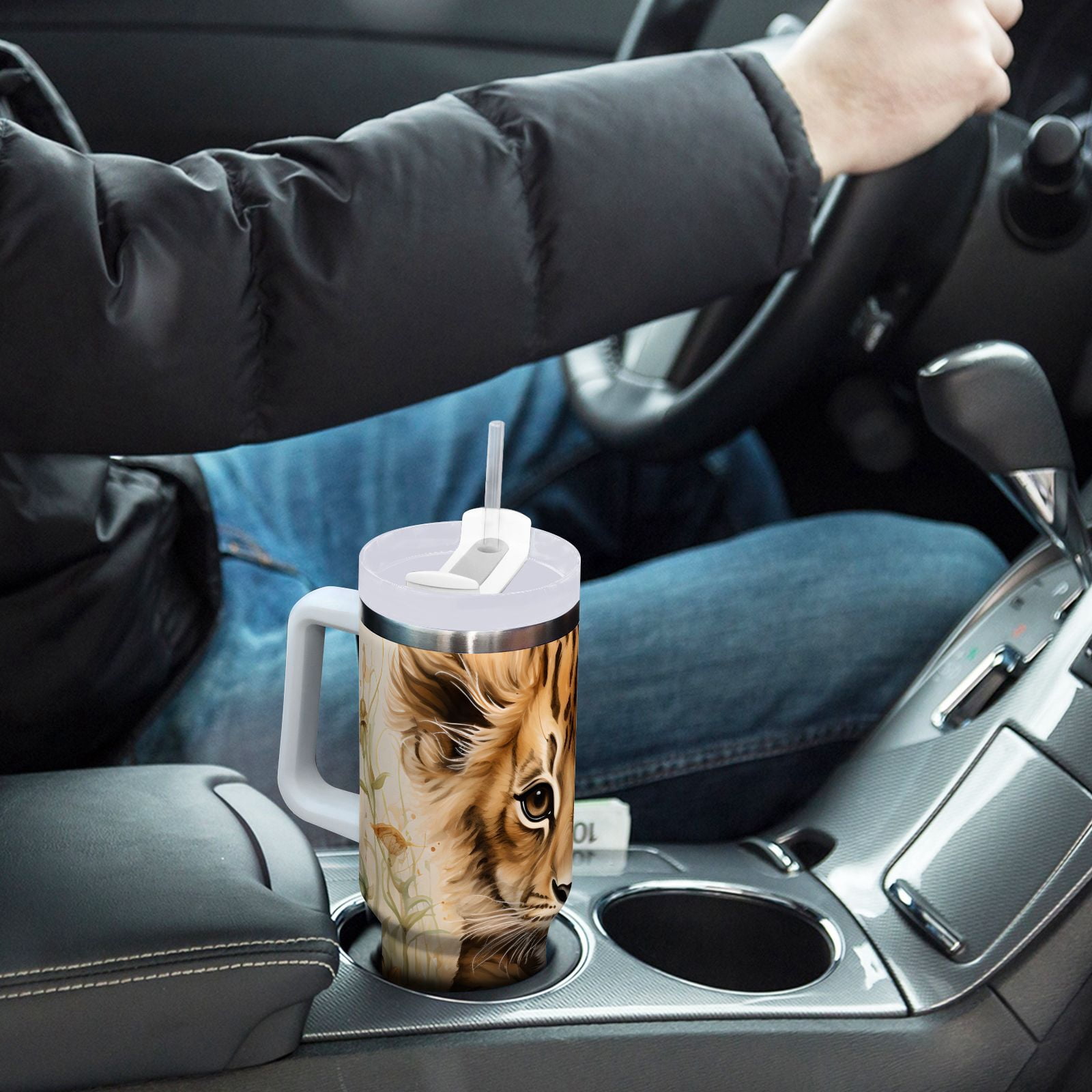 JSTEL Cute Lion Baby 30 oz Tumbler Stainless Steel Water Bottle Vacuum Insulated Cup with Straw Lid & Handle For Travel Car Cup Holder