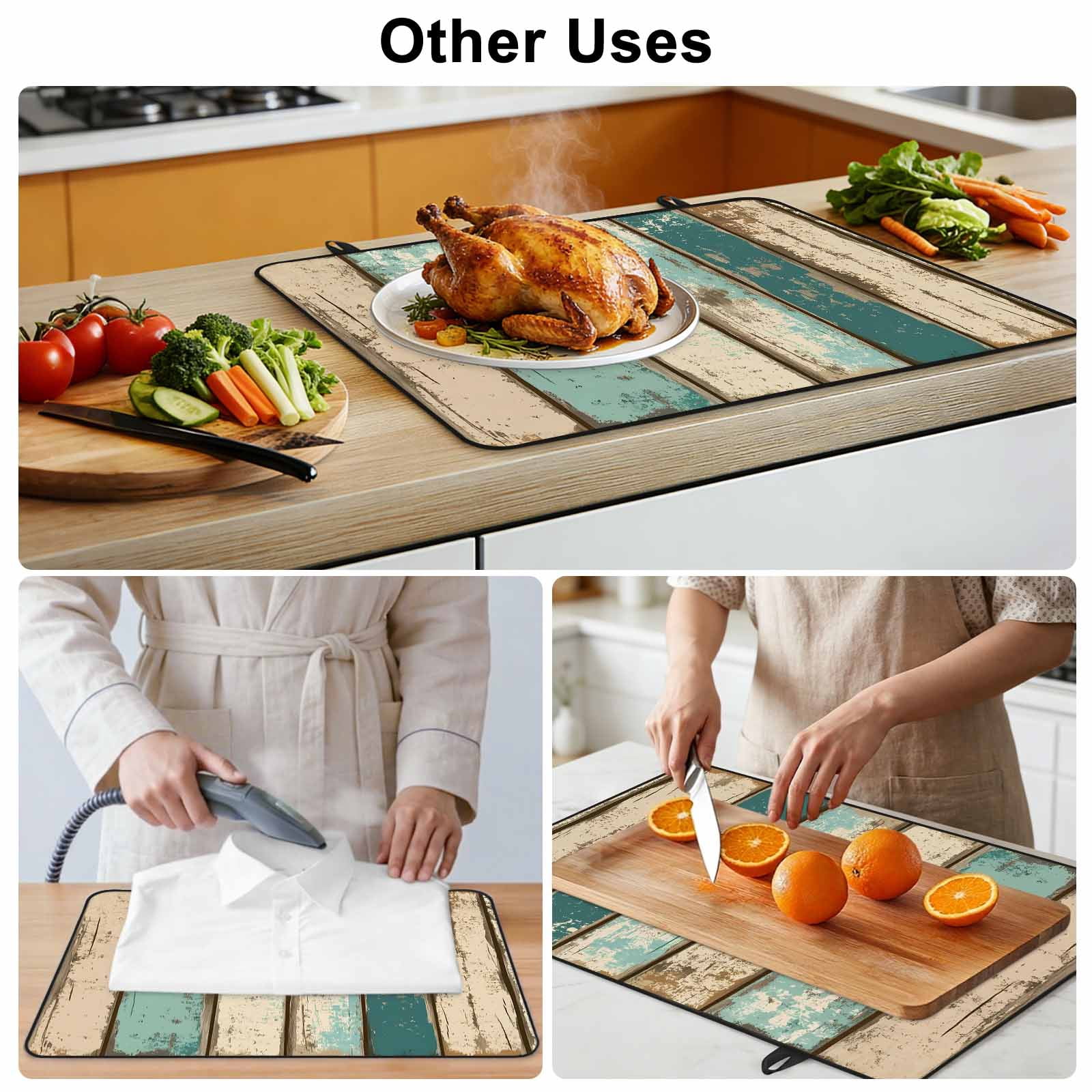 Farmhouse Teal Brown Stove Top Cover for Electric Stove, Heat-proof & Non Slip Glass Top Stove Cover Protector, Vintage Retro Ombre Wooden Kitchen Flat Cooktop Rubber Mat 24x21 Inches